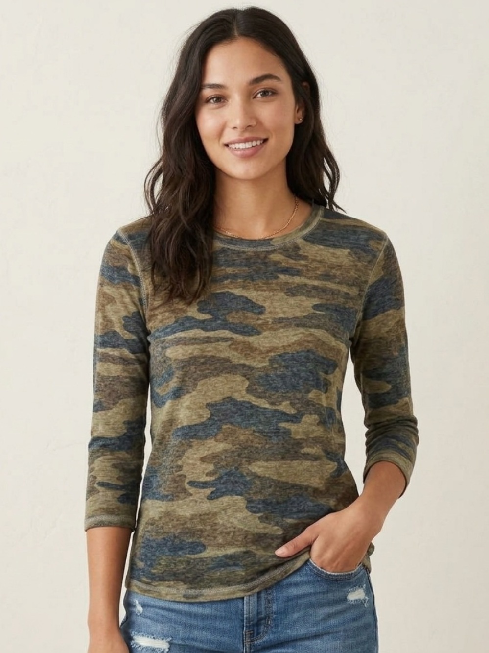 Lucky Brand Women's Camouflage 3/4 Length Sleeve T-Shirt - size S